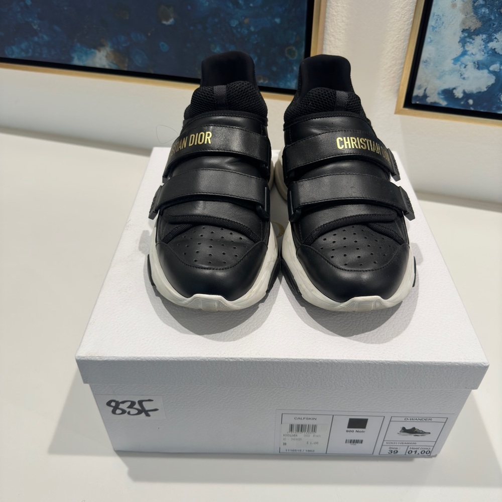 Christian Dior black leather velcro sneakers with gold hardware w/ box & dustbag